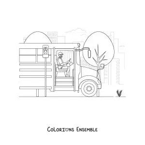 Image à colorier d'un chauffeur de bus à l'arrêt