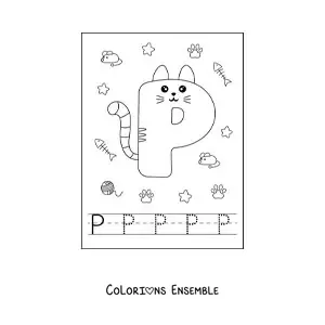 Image à colorier de la lettre P animée en forme de chat