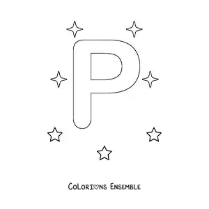Image à colorier de la lettre P majuscule avec des étoiles