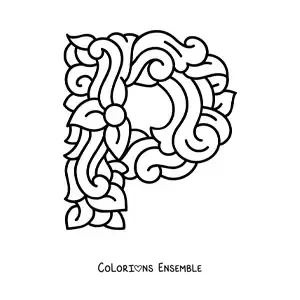 Image à colorier de la lettre P majuscule décorée