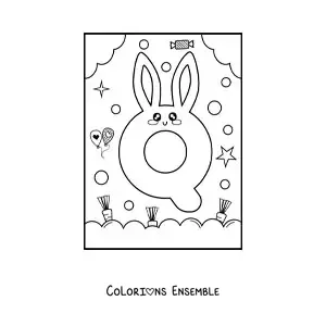 Image à colorier de la lettre Q en forme de lapin kawaii animé