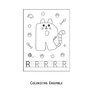Image à colorier de la lettre R animée en forme de chat