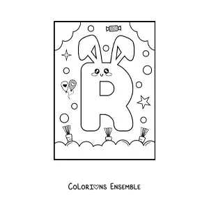 Image à colorier de la lettre R en forme de lapin kawaii animé