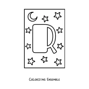 Image à colorier de la lettre R majuscule avec des étoiles et une lune