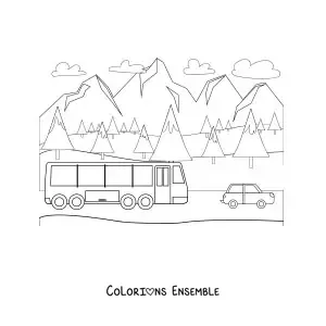 Image à colorier d'un autocar de voyage qui roule à la montagne