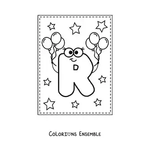 Image à colorier de la lettre R majuscule animée avec des ballons