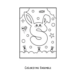 Image à colorier de la lettre S en forme de lapin kawaii animé