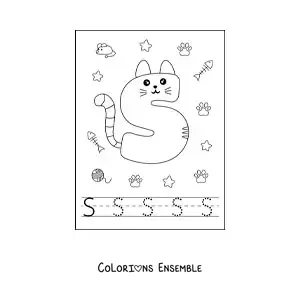 Image à colorier de la lettre S animée en forme de chat