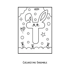 Image à colorier de la lettre T en forme de lapin kawaii animé