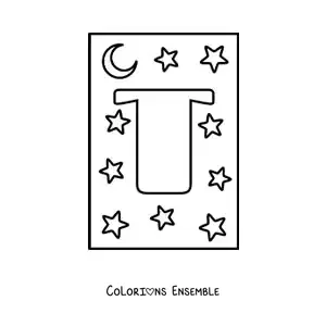 Image à colorier de la lettre T majuscule avec des étoiles et une lune