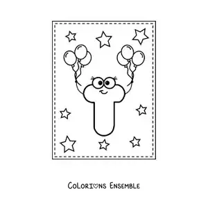Image à colorier de la lettre T majuscule animée avec des ballons