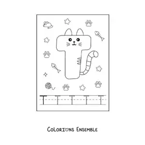 Image à colorier de la lettre T animée en forme de chat
