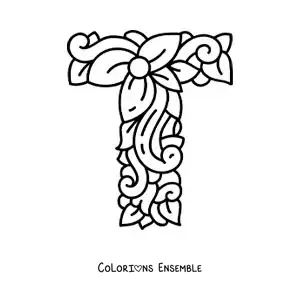 Image à colorier de la lettre T majuscule décorée