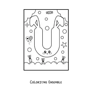 Image à colorier de la lettre U en forme de lapin kawaii animé