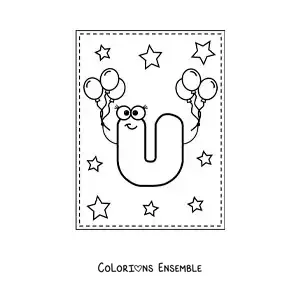 Image à colorier de la lettre U majuscule animée avec des ballons
