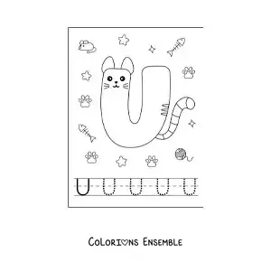 Image à colorier de la lettre U animée en forme de chat