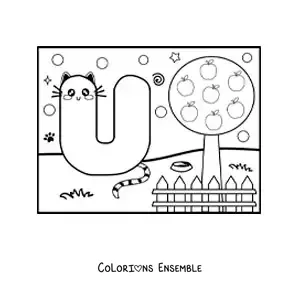 Image à colorier de la lettre U animée en forme de chat dans le parc
