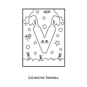 Image à colorier de la lettre V en forme de lapin kawaii animé