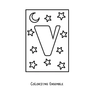 Image à colorier de la lettre V majuscule avec des étoiles et une lune