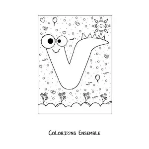 Image à colorier de la lettre V animée en forme de monstre de dessin animé