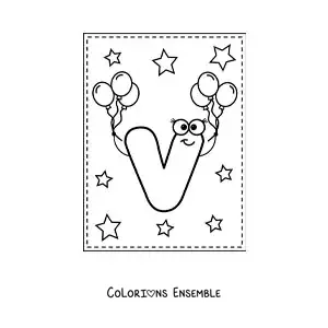 Image à colorier de la lettre V majuscule animée avec des ballons
