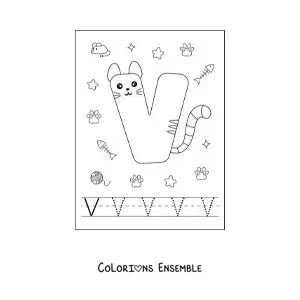 Image à colorier de la lettre V animée en forme de chat