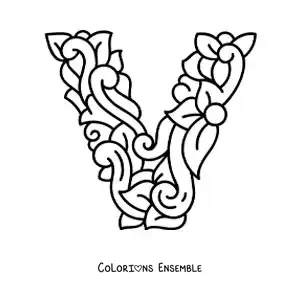 Image à colorier de la lettre V majuscule décorée