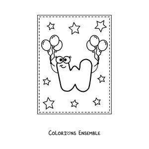 Image à colorier de la lettre W majuscule animée avec des ballons