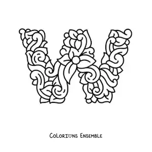 Image à colorier de la lettre W majuscule décorée