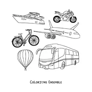 Image à colorier de plusieurs moyens de transport
