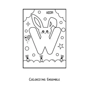 Image à colorier de la lettre W en forme de lapin kawaii animé