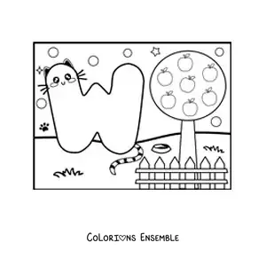 Image à colorier de la lettre W animée en forme de chat dans le parc