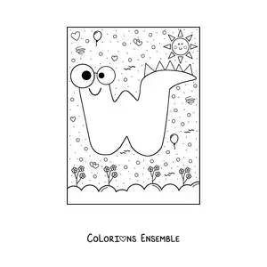 Image à colorier de la lettre W animée en forme de monstre de dessin animé