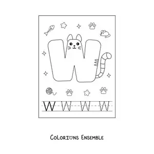 Image à colorier de la lettre W animée en forme de chat