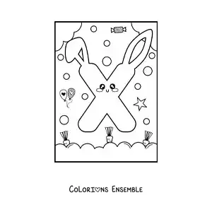 Image à colorier de la lettre X en forme de lapin kawaii animé