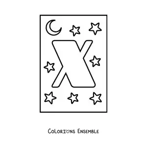Image à colorier de la lettre X majuscule avec des étoiles et une lune
