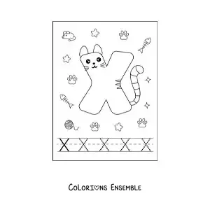Image à colorier de la lettre X animée en forme de chat