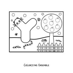 Image à colorier de la lettre Y animée en forme de chat dans le parc