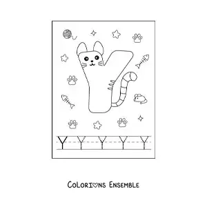 Image à colorier de la lettre Y animée en forme de chat
