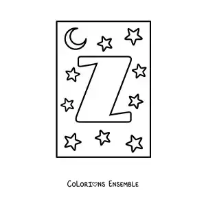 Image à colorier de la lettre Z majuscule avec des étoiles et une lune