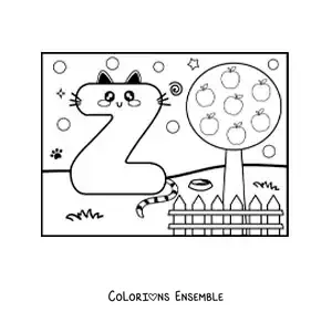 Image à colorier de la lettre Z animée en forme de chat dans le parc