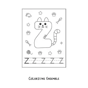 Image à colorier de la lettre Z animée en forme de chat