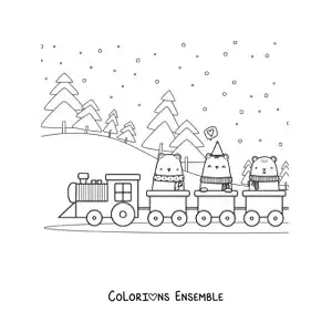 Image à colorier de trois ours animés dans un train