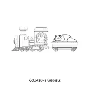Image à colorier de deux pandas animés dans un train