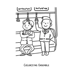 Image à colorier de deux hommes voyageant dans un wagon de métro