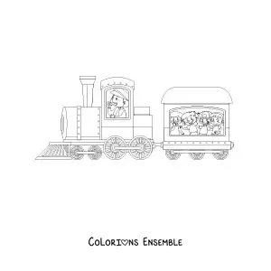 Image à colorier de plusieurs enfants à bord d'un train