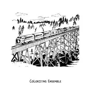 Image à colorier d'un train roulant sur un pont