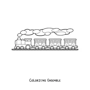 Image à colorier d'un train à vapeur avec trois wagons sur les rails
