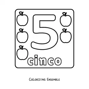 Image a colorier d’une fiche du grand chiffre 5 pour les enfants