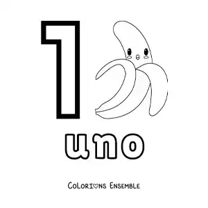 Image a colorier d’une carte du chiffre 1 pour apprendre a compter avec des fruits